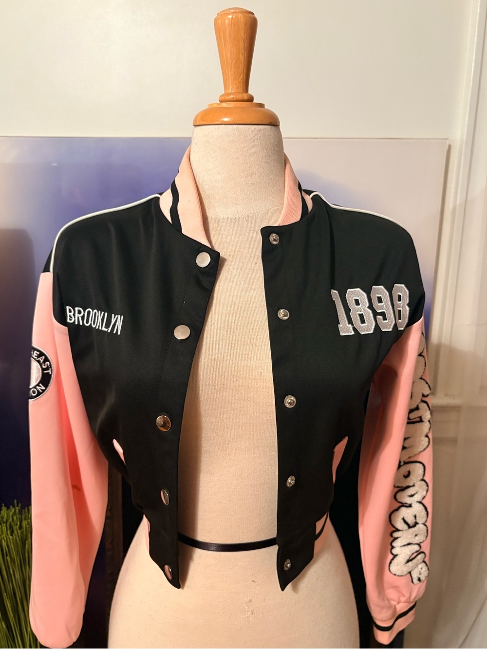 Brooklyn 1898 Black & Pink Cropped Bomber Jacket